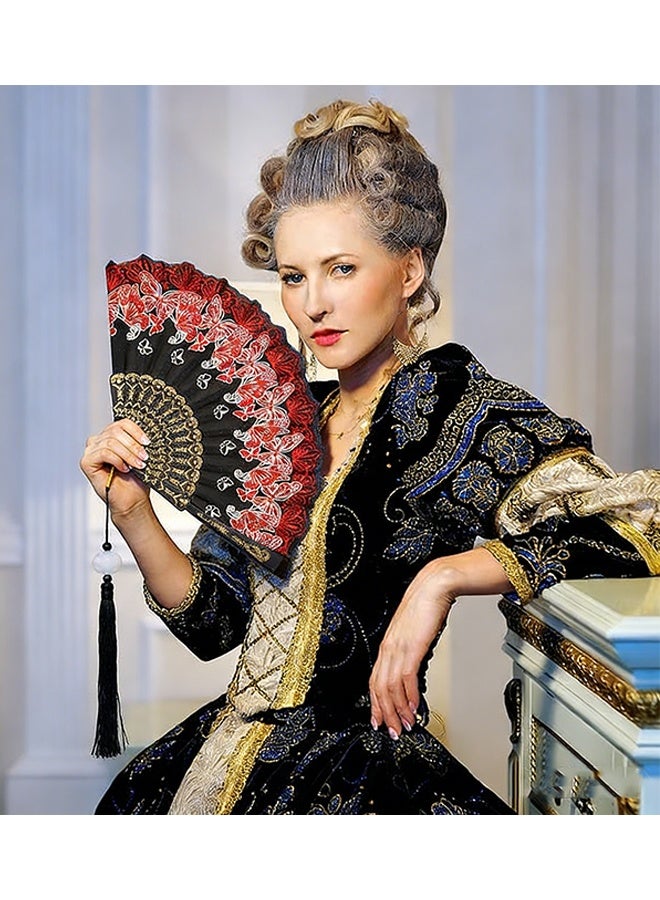 هابي دي مجموعة مروحتين إسبانيتين، مراوح يدوية قابلة للطي، مناسبة لأزياء رقص العشرينيات، هدايا فلامنكو إسبانية، دعائم تصوير، حفلات، زخارف (أحمر، ذهبي) - Image 2